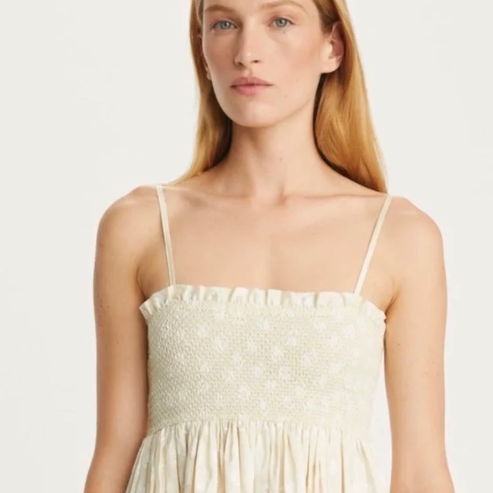 Tory Burch Silk Dupioni Smocked Midi Dress Beige Scatter Daisy Size 4 NWT - Picture 4 of 8